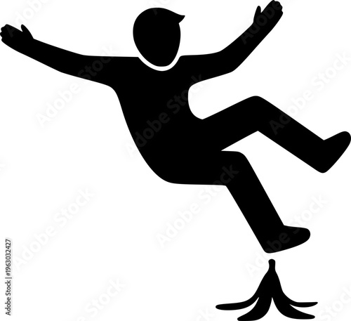 Man Slipping on Banana Peel Silhouette - Comical Accident and Hazard Warning Vector Illustration