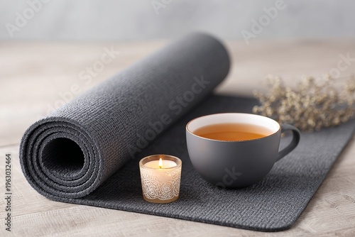 Minimalist home yoga and mindfulness setup with tea and candlelight.