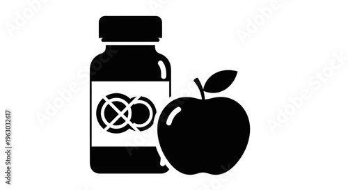 Apple and Supplement Bottle Icon Representing Health and Wellness.
