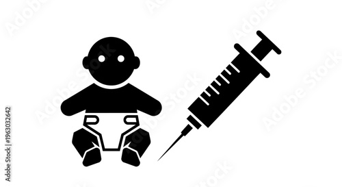 Baby and Syringe Icon Representing Vaccination.
