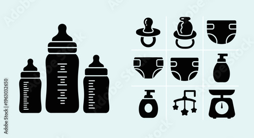 Baby Care Essentials Collection Icons Set.