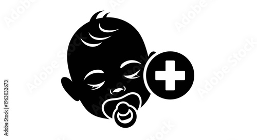 Baby Face Icon with Plus Sign Symbol.