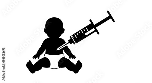 Baby receiving injection from syringe icon.