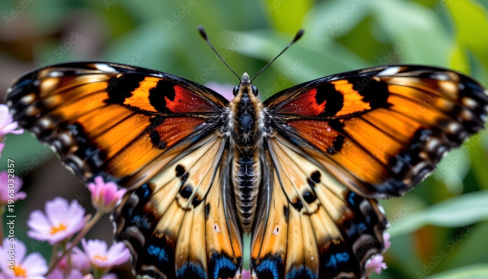 Obraz premium A vibrant butterfly with intricate orange, black, cream, and blue markings is perched with its wings fully spread