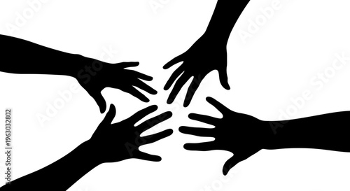 Silhouette of five hands reaching towards each other in a circle.