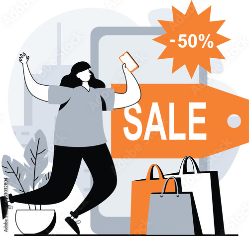 A woman excitedly shopping online during a massive fifty percent off sale event with shopping bags nearby