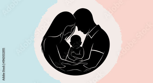 Silhouette of loving parents embracing their newborn baby.
