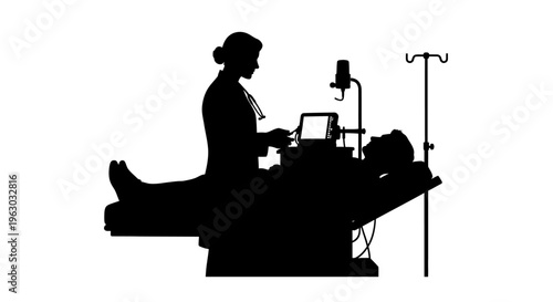 Silhouette of medical professional performing ultrasound on patient.