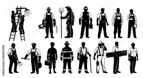 Collection of diverse worker silhouettes in various professions.