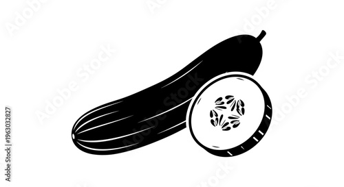 Black and white illustration of a whole cucumber and a slice.