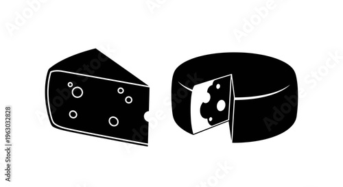 Black and white illustration of cheese slices and a wheel.