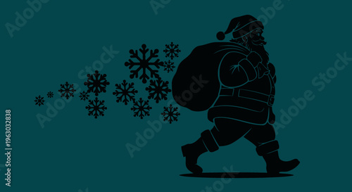 Silhouette of Santa Claus carrying a sack with snowflakes.