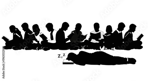 Silhouette of students reading books and one sleeping.