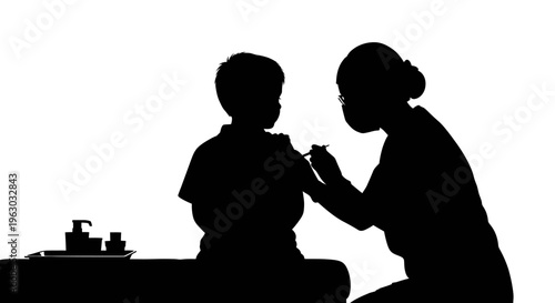 Silhouette of nurse giving vaccination to child.