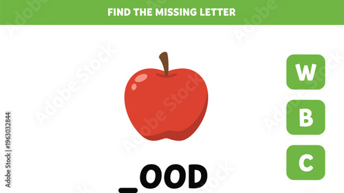 A colorful educational worksheet for children to find the missing letter for food