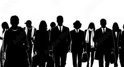Silhouetted group of diverse business professionals walking forward.