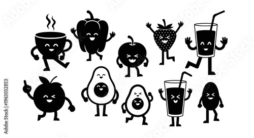 Collection of Happy Cartoon Fruits Vegetables and Drinks Characters.