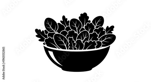 Black and White Silhouette of a Fresh Salad Bowl.