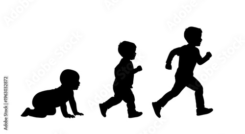 Silhouettes of a childs growth stages from crawling to running.