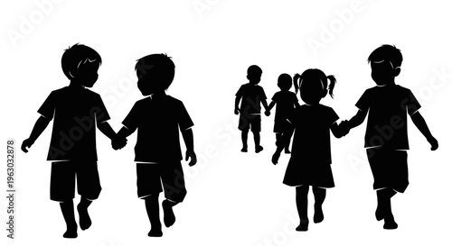 Silhouettes of Children Walking Hand in Hand.