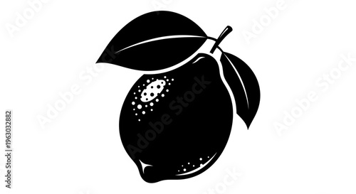 Black and White Silhouette of a Single Lemon Fruit with Leaves.
