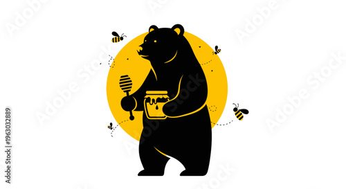 Black Bear Holding Honey Jar and Dipper with Bees.