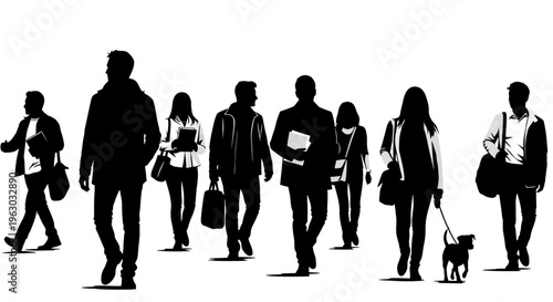 Silhouettes of diverse people walking in a group.