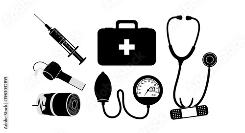 Collection of Medical Instruments and First Aid Kit Icons.