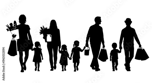 Silhouettes of Families Shopping Together on a White Background.