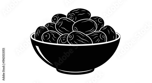 Black Silhouette Bowl Filled With Ripe Dates.