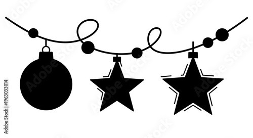 Black Silhouette Christmas Ornaments on String.