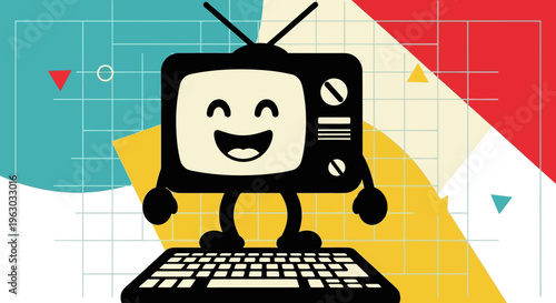 Retro Television Character with Happy Face and Keyboard.