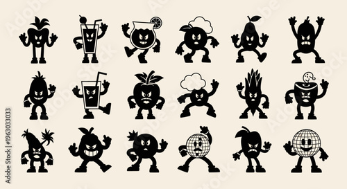 Retro Cartoon Fruit and Drink Characters Collection.