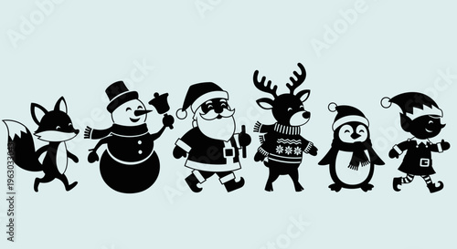 Cute Christmas Characters Collection Silhouette Style.