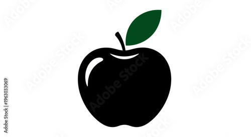 Simple Black Apple with Green Leaf Icon.