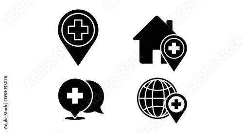 Set of Medical Location Icons with Cross Symbol.
