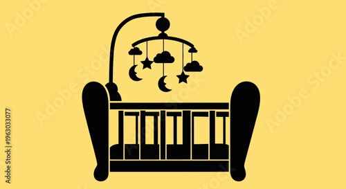Simple Black Silhouette of a Baby Crib with Mobile.