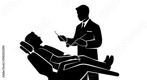Dentist examining patient in dental chair silhouette.