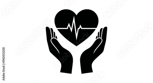 Heartbeat EKG line held by caring hands icon.