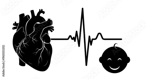 Heartbeat line connecting human heart and baby face silhouette.
