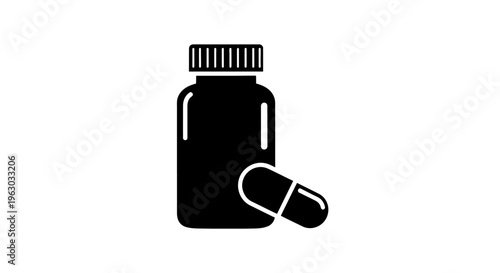Black Silhouette Of A Medicine Bottle And Pill.