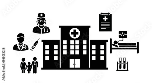 Hospital Building and Medical Icons Representing Healthcare Services.