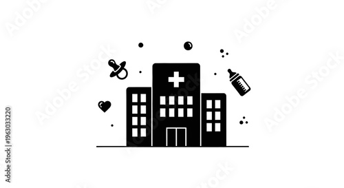 Hospital Building with Baby Care Symbols Icon.
