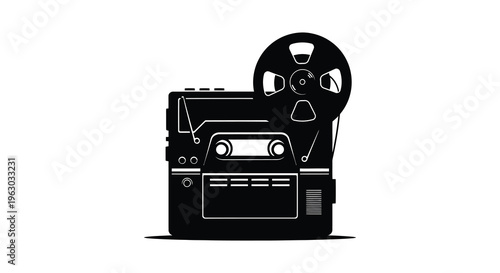 Vintage film projector and reel depicted in black silhouette