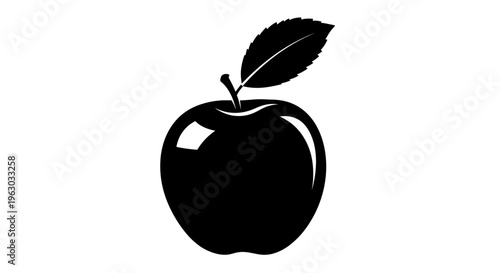 Black Silhouette of a Ripe Apple with a Leaf.
