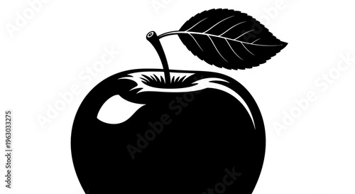Black Silhouette of a Ripe Apple with a Leaf.