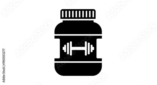Black Silhouette of a Supplement Bottle with Dumbbell Icon.