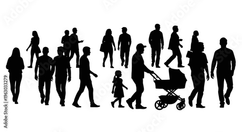 Diverse group of people silhouettes walking in various directions.