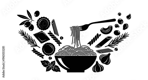 Italian Pasta Dish with Ingredients and Utensils.