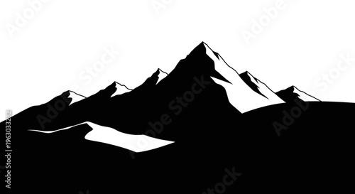 Majestic Mountain Peaks Silhouette Against White Background.
